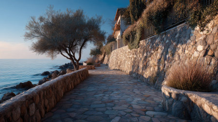 A photograph of Mediterranean coast 301 with seaside stone promenade, vine covered stone walls, mild...