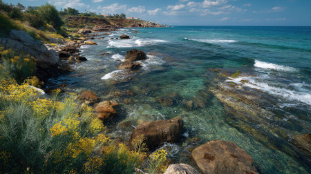 A photograph of Mediterranean coast 58 with rocky shoreline with crystal water, wild fennel plants,...