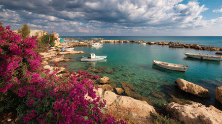 A photograph of Mediterranean coast 450 with small fishing harbor, bougainvillea flowers, mild...