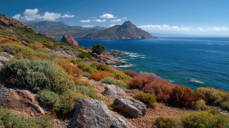 A photograph of Mediterranean coast 500 with mediterranean island coastline, wild rosemary shrubs,...