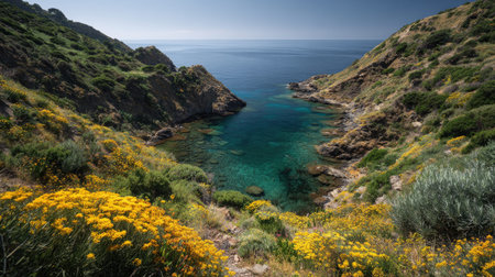 A photograph of Mediterranean coast 385 with narrow coastal inlet, low maquis shrubland, spring bloom, ultra realistic landscape photography, wide angle lens, natural colors, clean composition, no peopleの写真素材