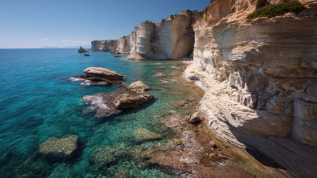 A photograph of Mediterranean coast 423 with limestone coastal cliffs, stone terraces, warm summer season, ultra realistic landscape photography, wide angle lens, natural colors, clean composition, no peopleの写真素材