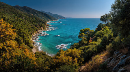 A photograph of Mediterranean coast 333 with mediterranean coastal hillside, fig trees, early autumn...