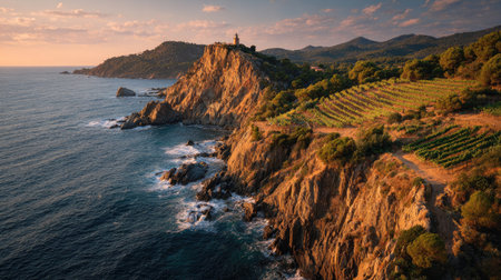 A photograph of Mediterranean coast 6 with stone lighthouse on coastal cliff, mediterranean vineyard...