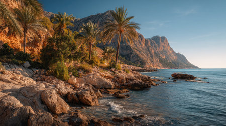 Coastline of the Mediterranean Sea with palm trees and mountains in the background