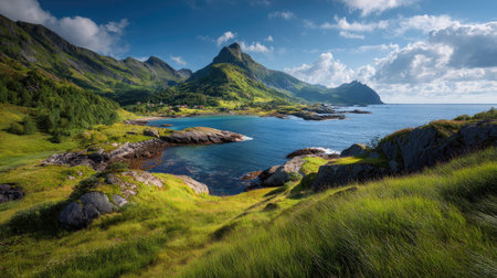 A photograph of Scandinavian fjords 110 with fjord coastal settlement, alpine grass meadows, bright...
