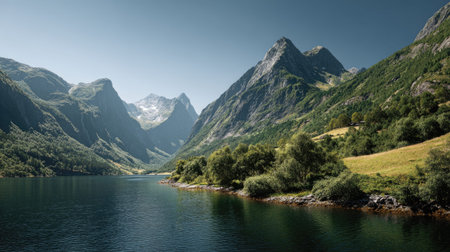 A photograph of Scandinavian fjords 133 with fjord valley with winding shoreline, nordic mountain shrubs, bright scandinavian summer, ultra realistic landscape photography, wide angle lens, natural colors, clean composition, no peopleの写真素材