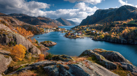 A photograph of Scandinavian fjords 182 with fjord coastal settlement, rocky alpine terrain,...