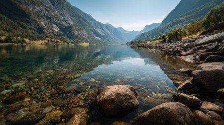 A photograph of Scandinavian fjords 214 with fjord surrounded by mountains, rocky fjord shoreline,...