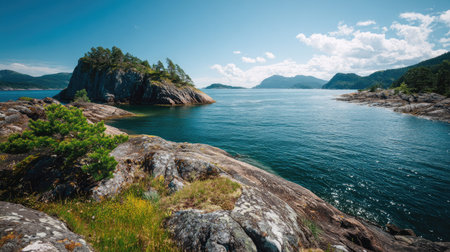 A photograph of Scandinavian fjords 230 with fjord coastal headland, small nordic bushes, bright...