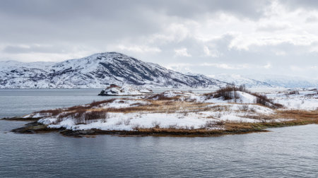 A photograph of fjords with fjord island cluster, alpine tundra vegetation, snowy nordic winter,...