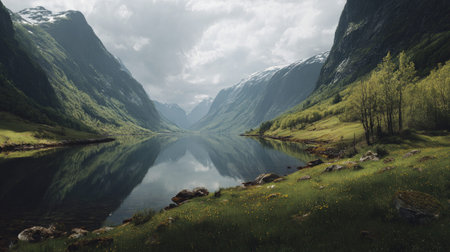 A photograph of Scandinavian fjords 197 with glacial fjord valley, nordic hillside meadows, nordic...