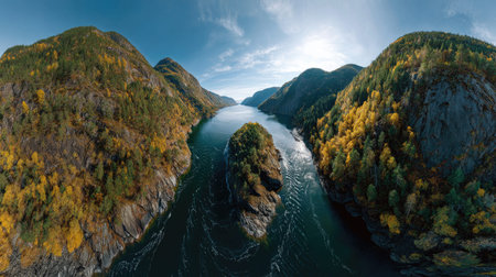 A photograph of Scandinavian fjords 360 with fjord coastal inlet, wind shaped mountain trees,...