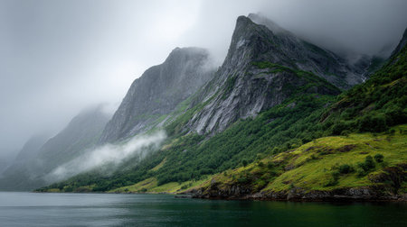 A photograph of Scandinavian fjords 274 with fjord coastal inlet, waterfall mist, bright...