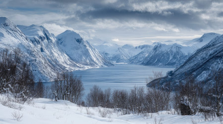 A photograph of Scandinavian fjords 404 with fjord valley overlooking the sea, nordic mountain...