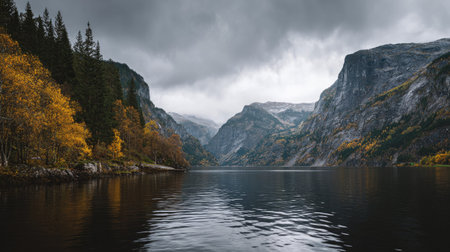 A photograph of Scandinavian fjords with fjord with glacier carved mountains, scandinavian forest...