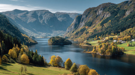 A photograph of Scandinavian fjords 347 with fjord island cluster, nordic hillside meadows, colorful...