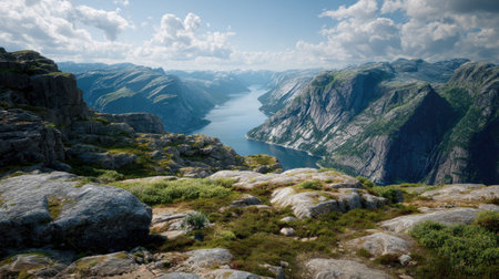 A photograph of Scandinavian fjords 493 with fjord valley viewpoint, sparse tundra plants, bright...