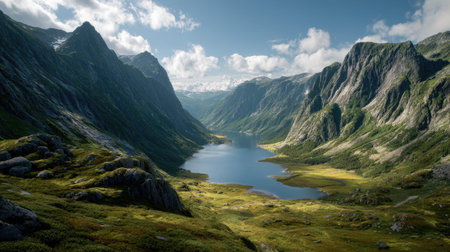 A photograph of Scandinavian fjords 361 with fjord valley with winding shoreline, alpine grass...