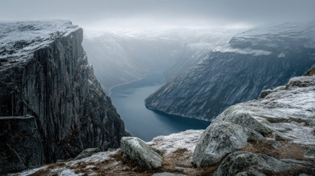 A photograph of Scandinavian fjords 485 with fjord with dramatic vertical cliffs, lichen covered...