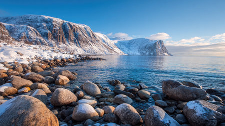 A photograph of Scandinavian fjords 416 with fjord shoreline with rocky cliffs, glacial rock...