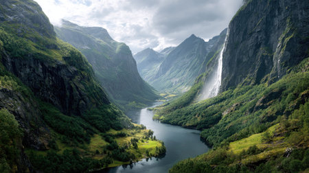 A photograph of Scandinavian fjords 67 with fjord valley with winding fjord waters, waterfall mist,...