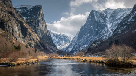 A photograph of Scandinavian fjords 103 with fjord with dramatic vertical cliffs, small nordic...
