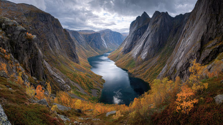 A photograph of Scandinavian fjords 104 with glacial fjord valley, glacial carved rock slopes,...