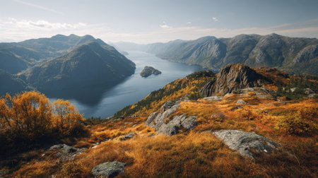 A photograph of Scandinavian fjords 128 with fjord coastal headland, nordic hillside meadows,...