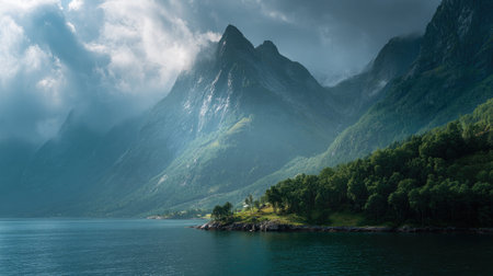 A photograph of Scandinavian fjords with fjord with distant mountain peaks, waterfall mist, bright...