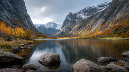 A photograph of Scandinavian fjords 104 with glacial fjord valley, glacial carved rock slopes,...