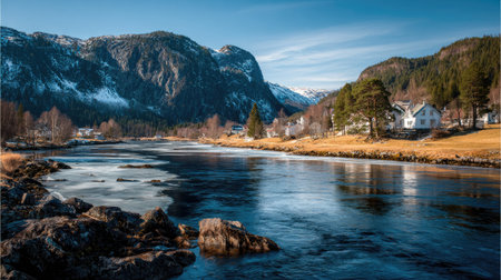 A photograph of Scandinavian fjords 148 with fjord coastal settlement, norwegian pine forest, nordic...