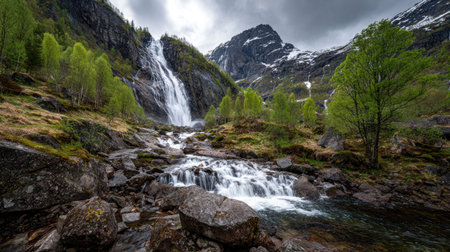 A photograph of Scandinavian fjords 181 with fjord with cascading waterfalls, waterfall mist, nordic...