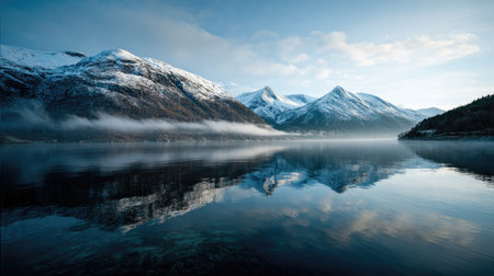A photograph of Scandinavian fjords with fjord with distant mountain peaks, fjord sea mist, nordic...