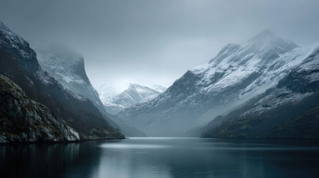 A photograph of Scandinavian fjords 120 with fjord surrounded by mountains, fjord sea mist, snowy...