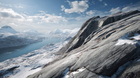 A photograph of Scandinavian fjords 186 with fjord valley viewpoint, glacial carved rock slopes,...