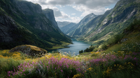 A photograph of Scandinavian fjords 173 with glacial fjord valley, wild alpine flowers, bright...