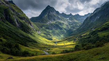 A photograph of Scandinavian fjords 374 with fjord mountain pass, nordic hillside meadows, bright...