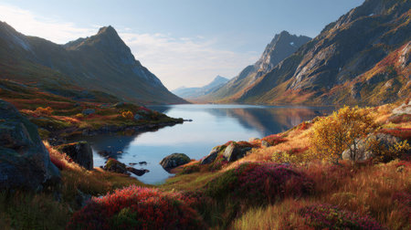 A photograph of Scandinavian fjords 341 with fjord surrounded by mountains, nordic mountain shrubs,...