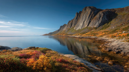 A photograph of Scandinavian fjords 317 with fjord shoreline cliffs, wild nordic shrubs, colorful...