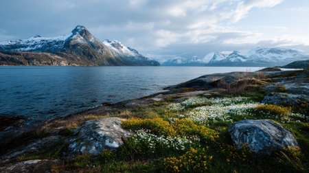 A photograph of Scandinavian fjords 424 with fjord with distant mountain peaks, wild alpine flowers, snowy nordic winter, ultra realistic landscape photography, wide angle lens, natural colors, clean composition, no peopleの写真素材