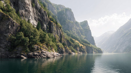 A photograph of Scandinavian fjords 246 with fjord shoreline cliffs, rocky alpine terrain, bright...