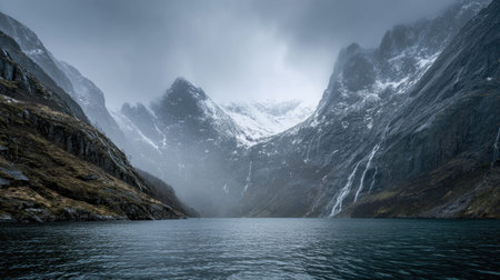 A photograph of Scandinavian fjords 333 with fjord mountain pass, waterfall mist, nordic spring...