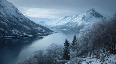 A photograph of Scandinavian fjords 284 with fjord coastal inlet, nordic birch forest, snowy nordic...