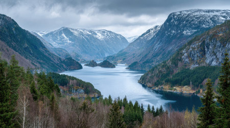 A photograph of Scandinavian fjords 339 with fjord surrounded by mountains, norwegian pine forest,...