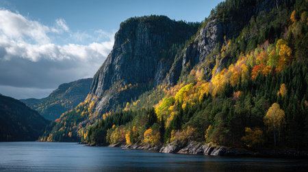 A photograph of Scandinavian fjords with fjord coastal headland, scandinavian forest edge, colorful...