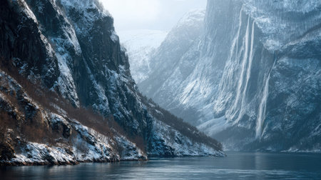 A photograph of Scandinavian fjords 369 with fjord with cascading waterfalls, fjord cliff vegetation, snowy nordic winter, ultra realistic landscape photography, wide angle lens, natural colors, clean composition, no peopleの写真素材