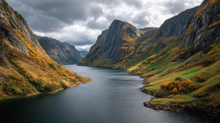 A photograph of Scandinavian fjords 463 with fjord coastal headland, alpine grass meadows, colorful...