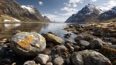 A photograph of Scandinavian fjords 472 with fjord shoreline with rocky cliffs, lichen covered...