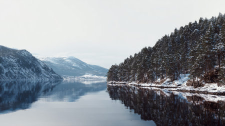 A photograph of Scandinavian fjords with fjord with distant mountain peaks, norwegian pine forest,...